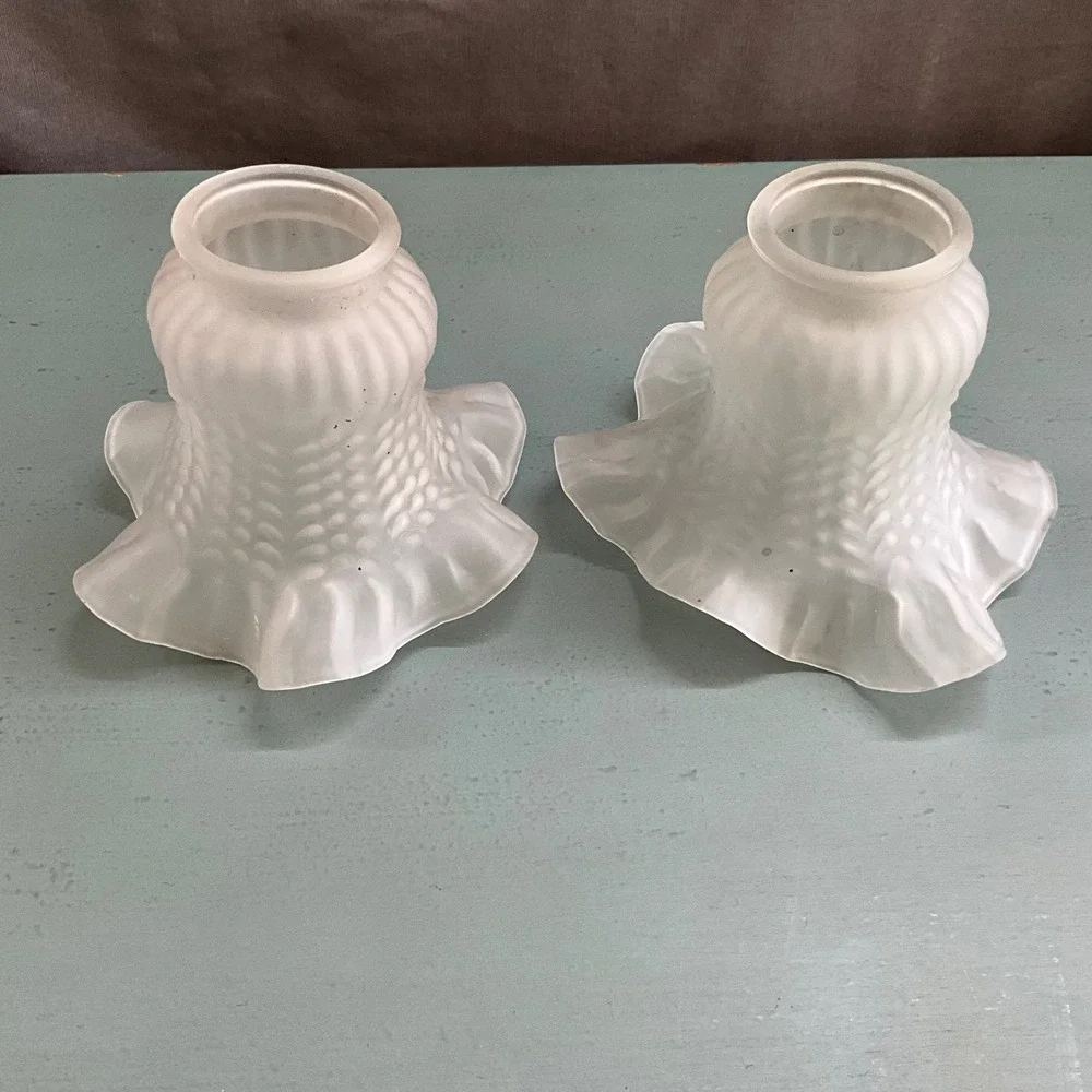 Vintage Frosted Glass Ruffled Tulip Lamp Shades Hobnail Set of 2 White 2.25 In